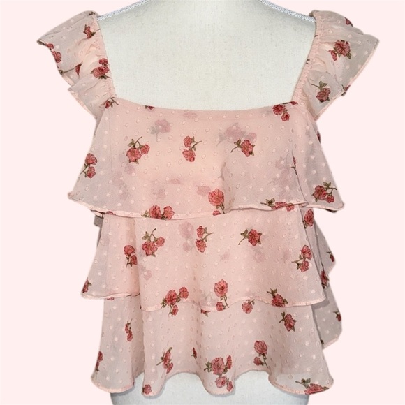 Forever 21 Pink Red Poppies Floral Tiers Ruffle Straps Cropped Cami Tank Sz M - Picture 1 of 15